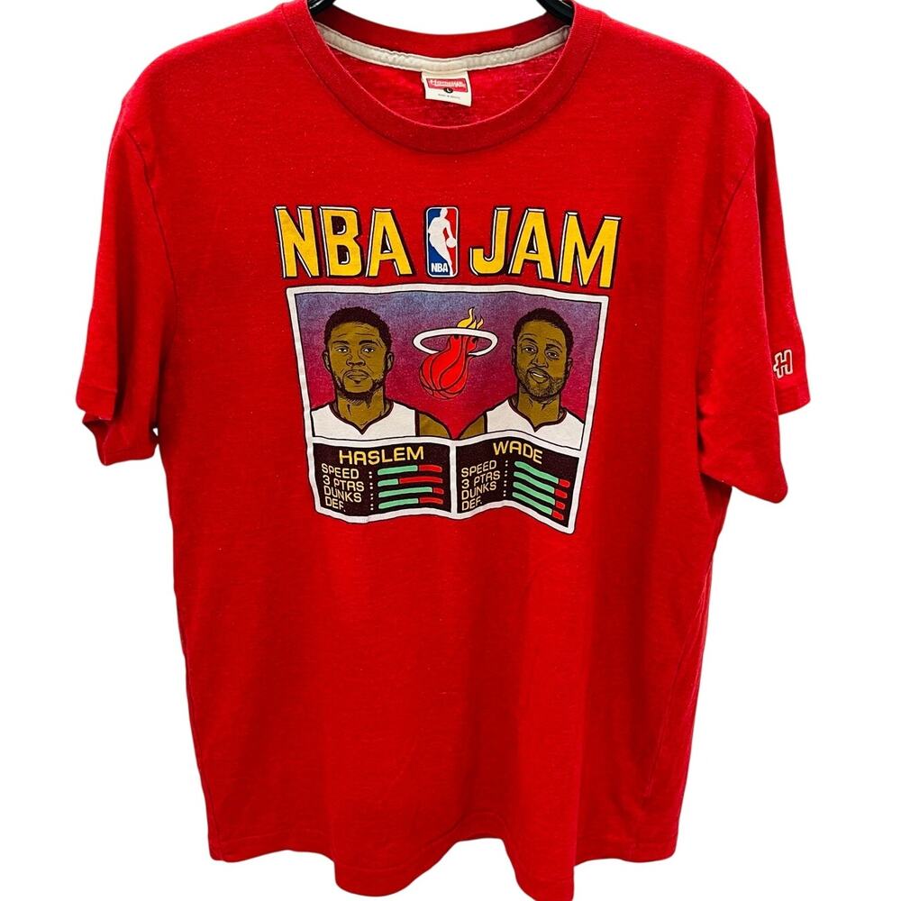 HOMAGE Miami Heat NBA Jam T Shirt Men’s Size L Red Wade Haslem Graphic Retro Tee